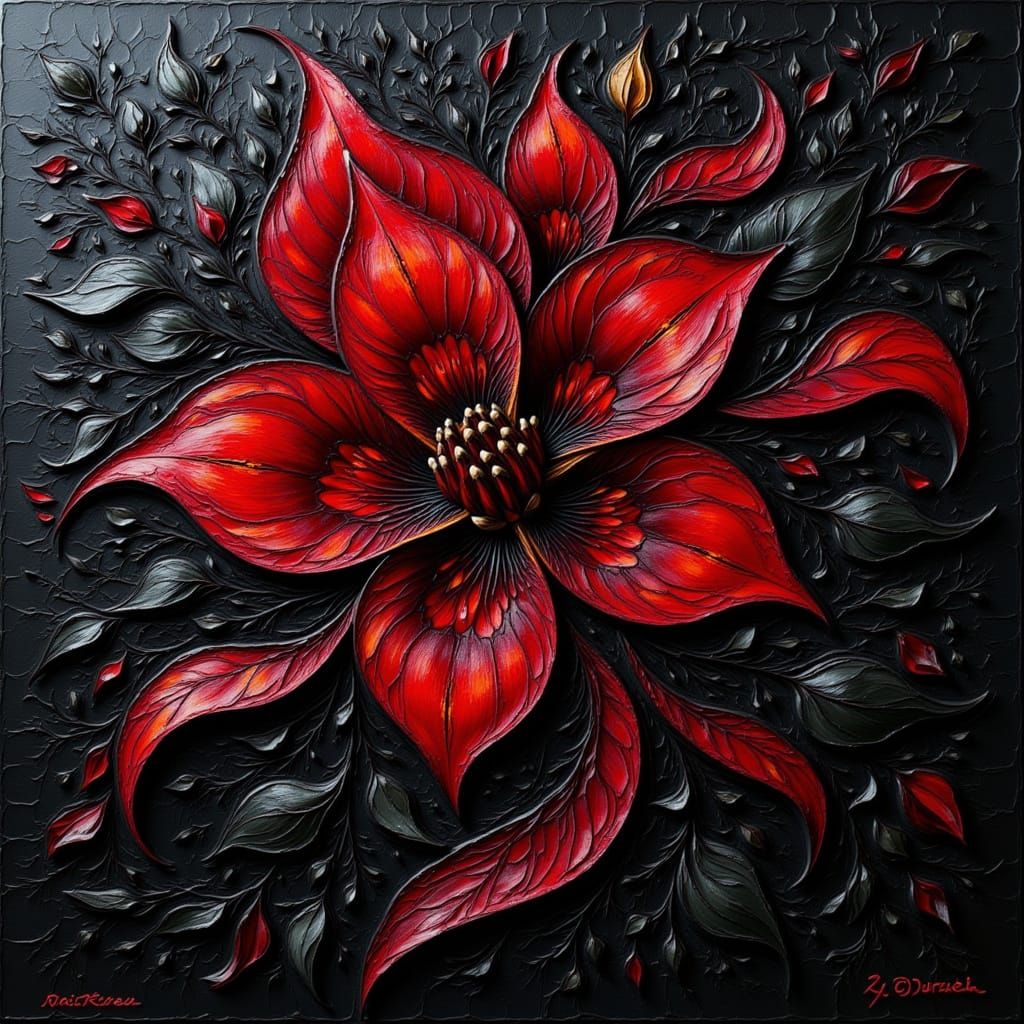 Surreal Black and Red Textured Flower in Escher Style