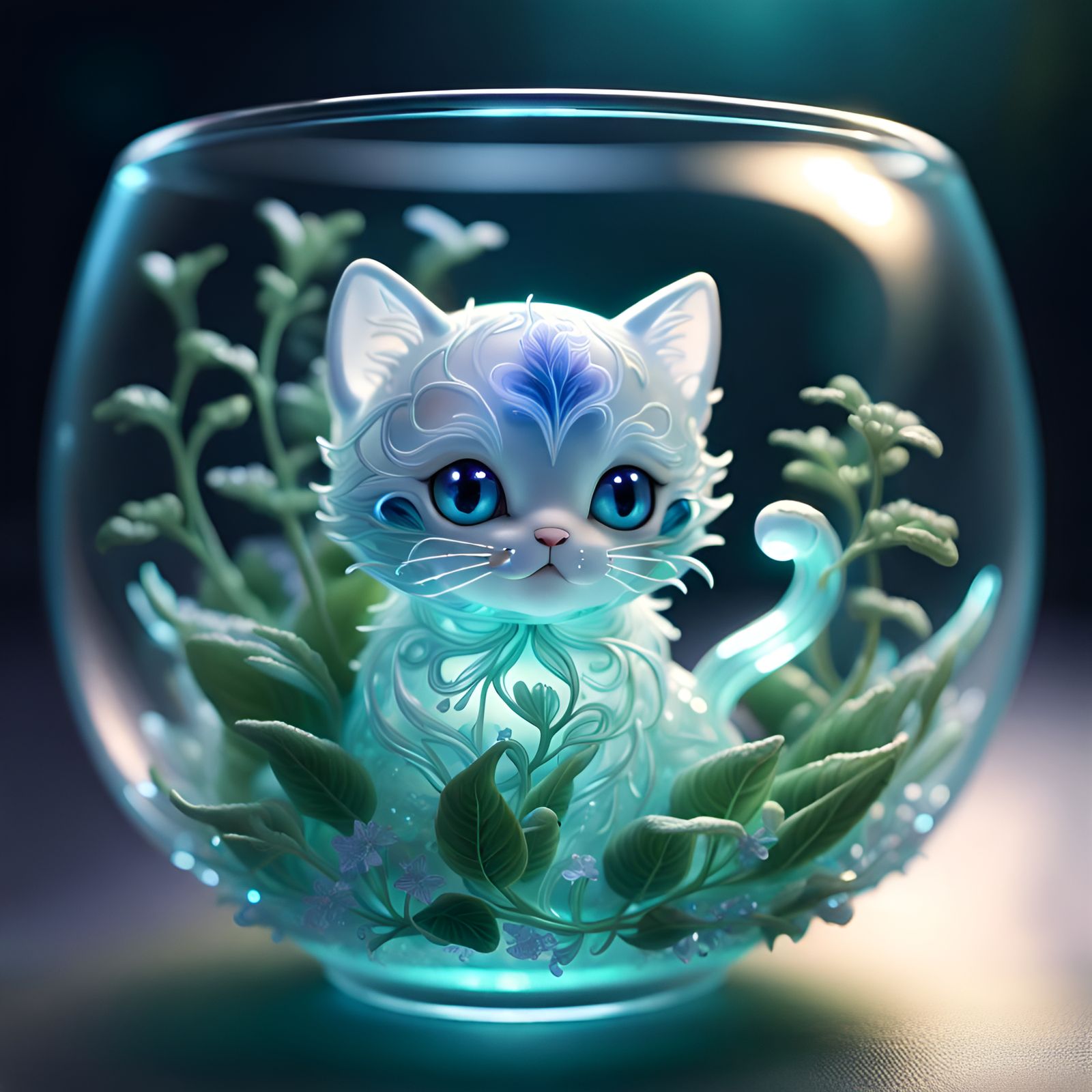 Glass Teacup with Bioluminescent Cat, Hyperdetailed Render