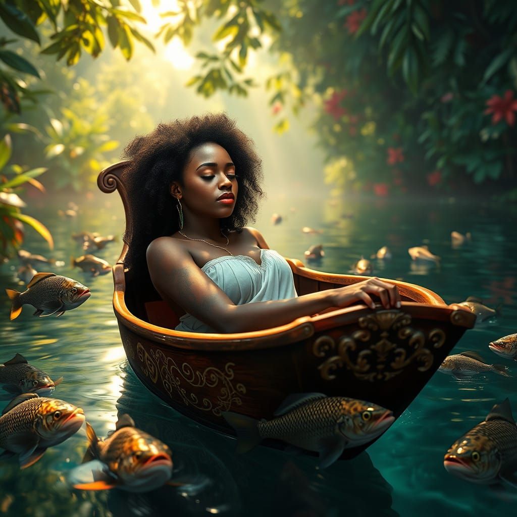 Serene Black Woman on Mystical Boat Amidst Piranhas in Vibra...