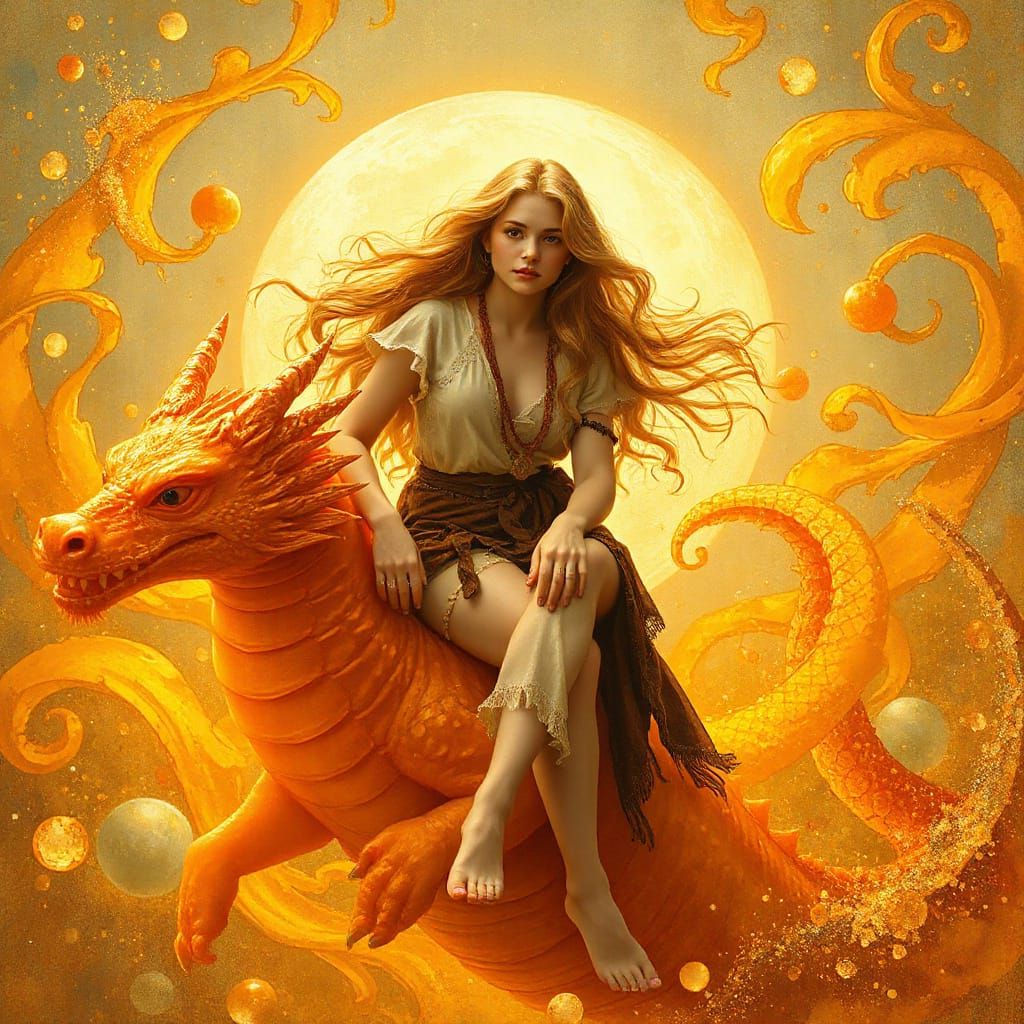 Woman on Gummy Dragon in Effervescent Soda Sea