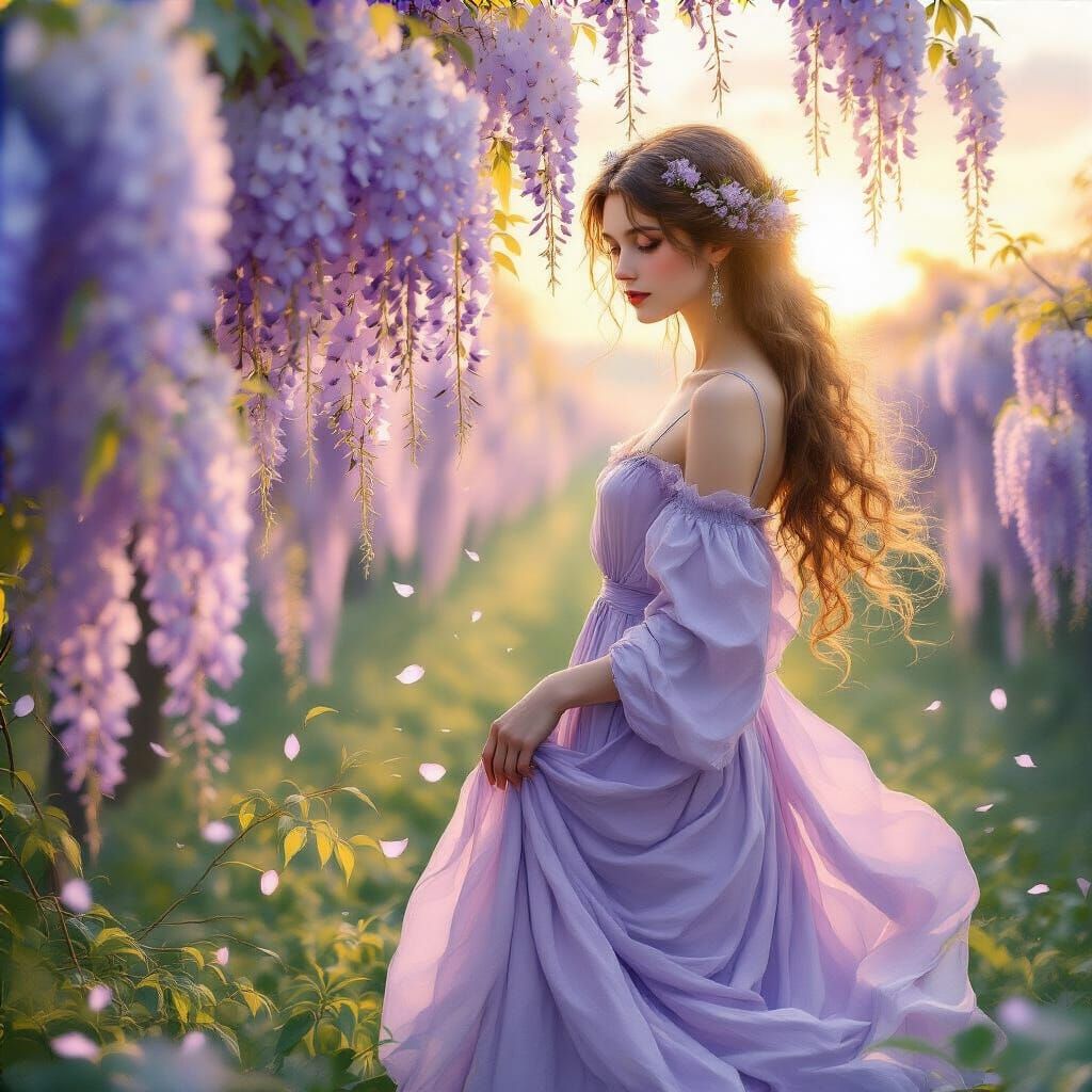 Woman in Wisteria Field in Art Nouveau Style