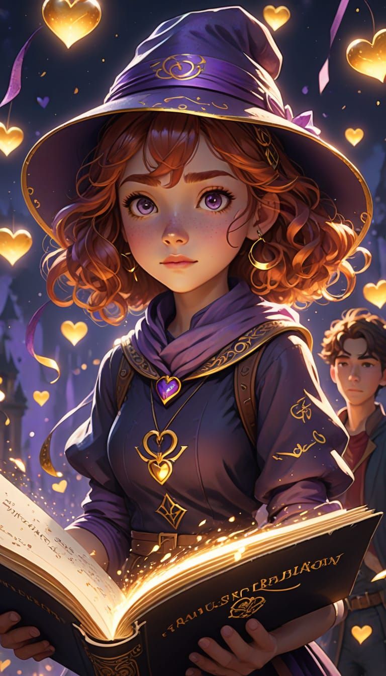 Whimsical Disney Pixar-Inspired Girl with Spellbook and Hear...