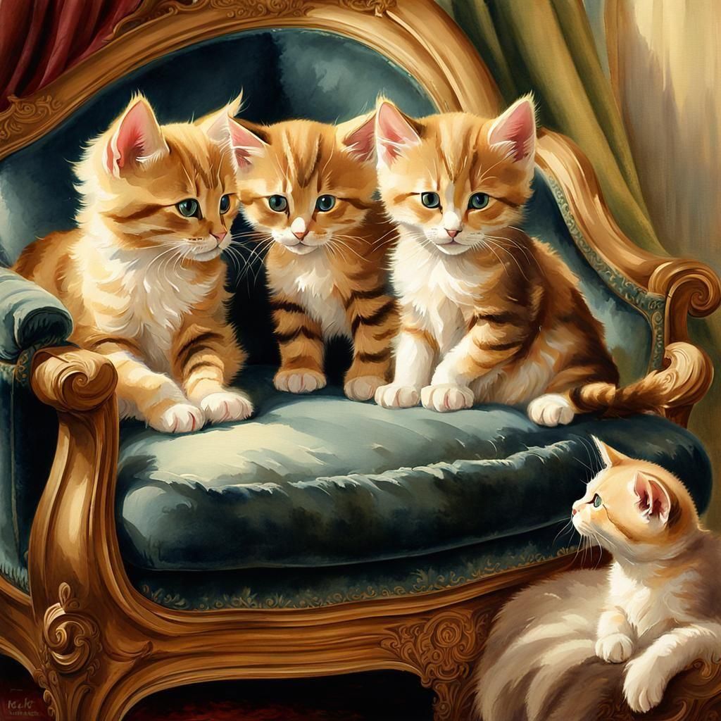 Kittens Play in Opulent Parlour, Victorian Oil Painting