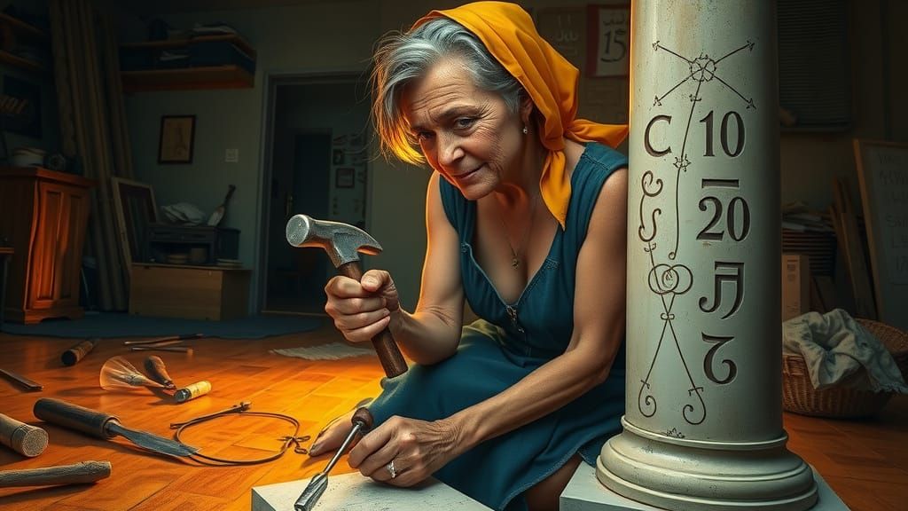 Elderly Sculptor Creates Abstract Masterpiece in Dimly Lit S...