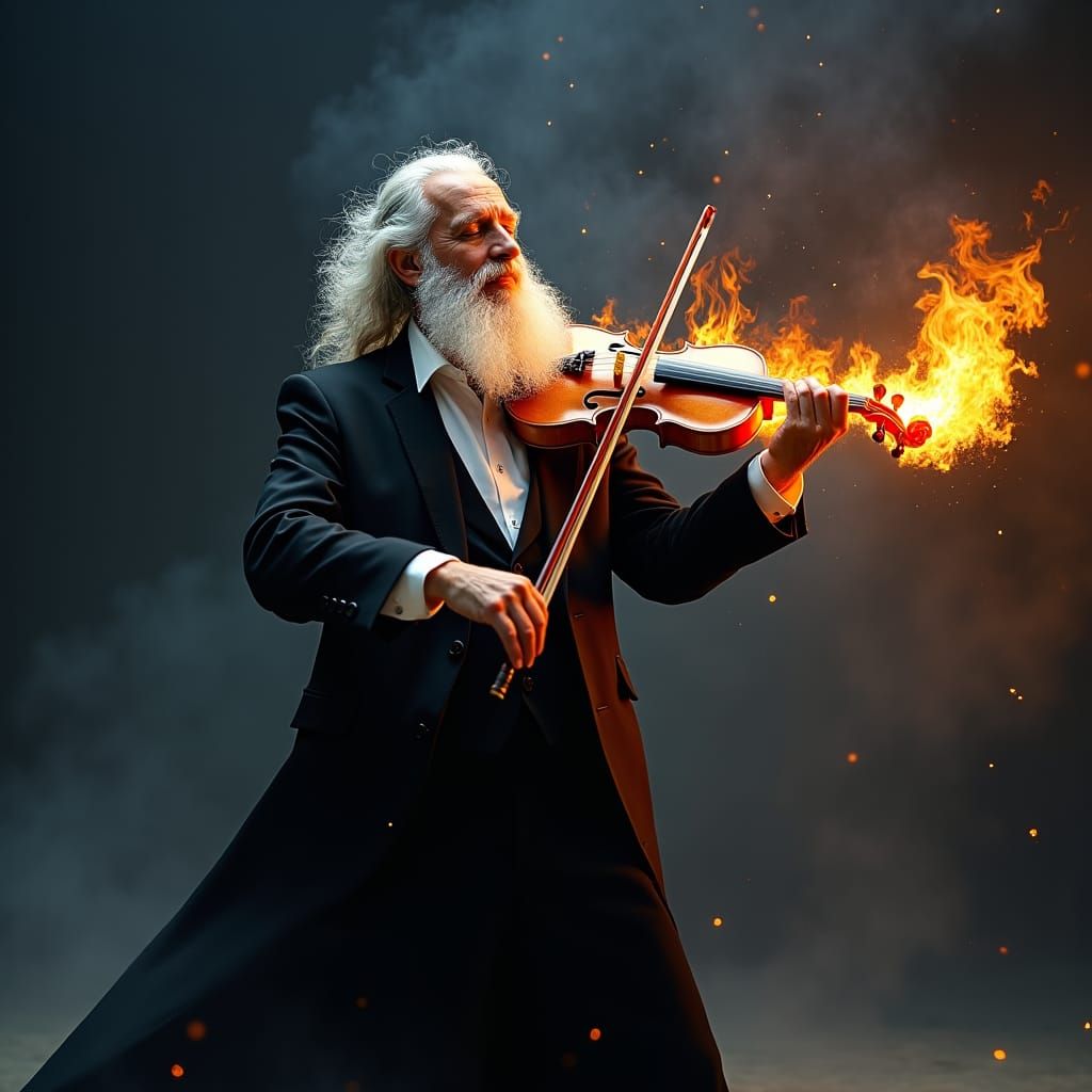 Hasidic Man Plays Fiery Violin, Hyper-realistic Digital Art