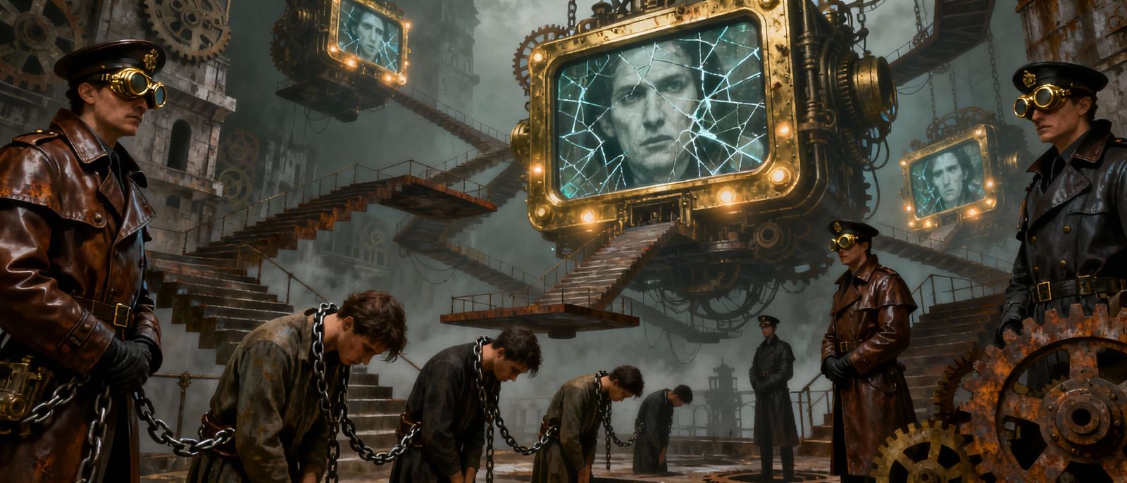 Steampunk Cops Guard Chained Figures in Escher Architecture