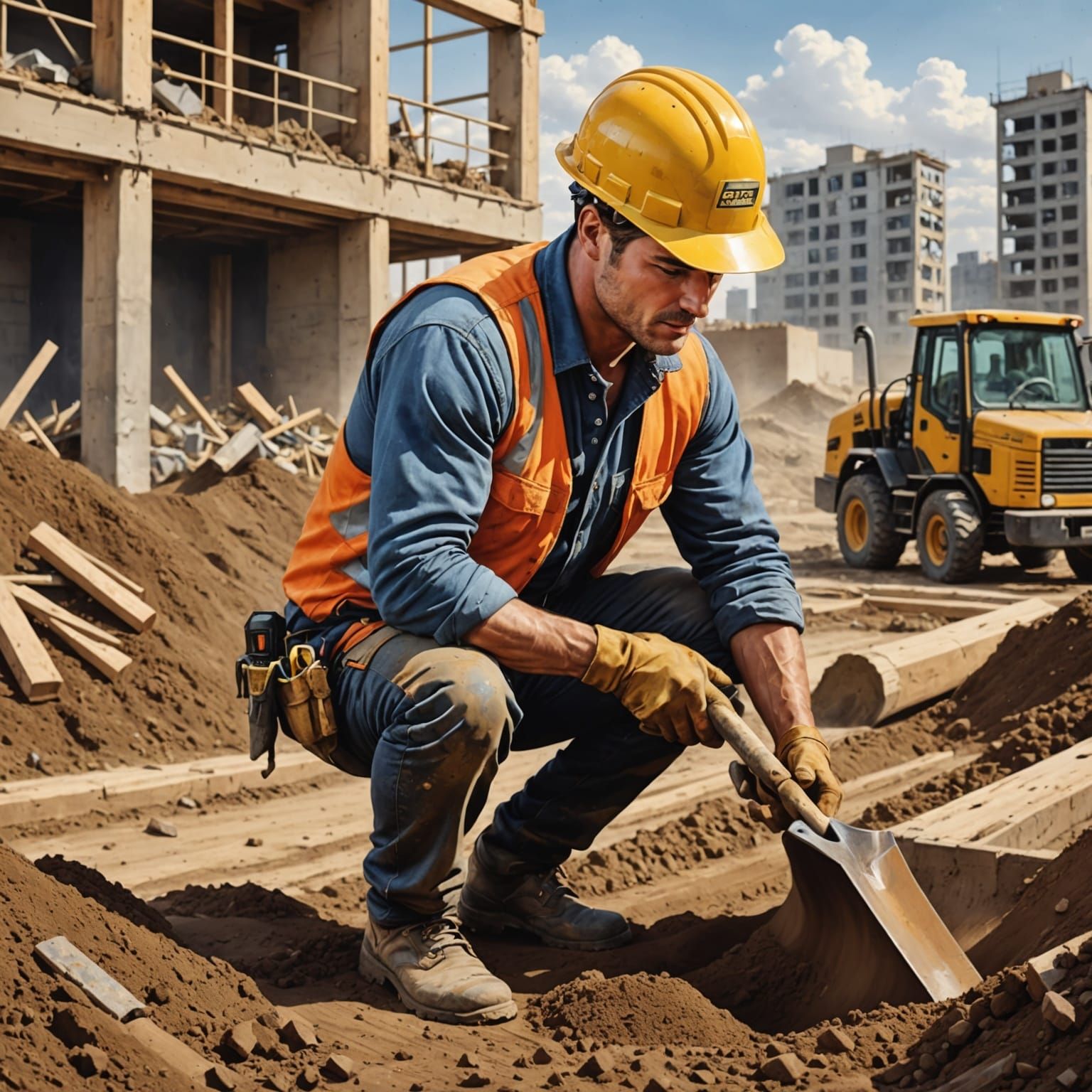 Realistic Construction Worker in Downtown Setting