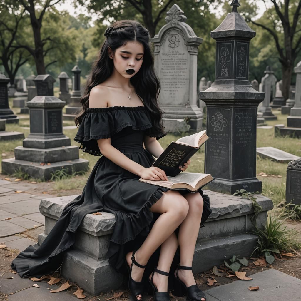 Girl on Tombstone Reading Spell Book, Hyperreal
