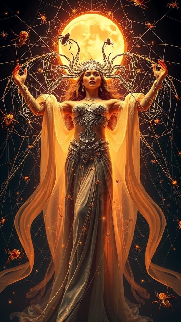 Regal Goddess of Arachnids in Vibrant, Glowing Splendor