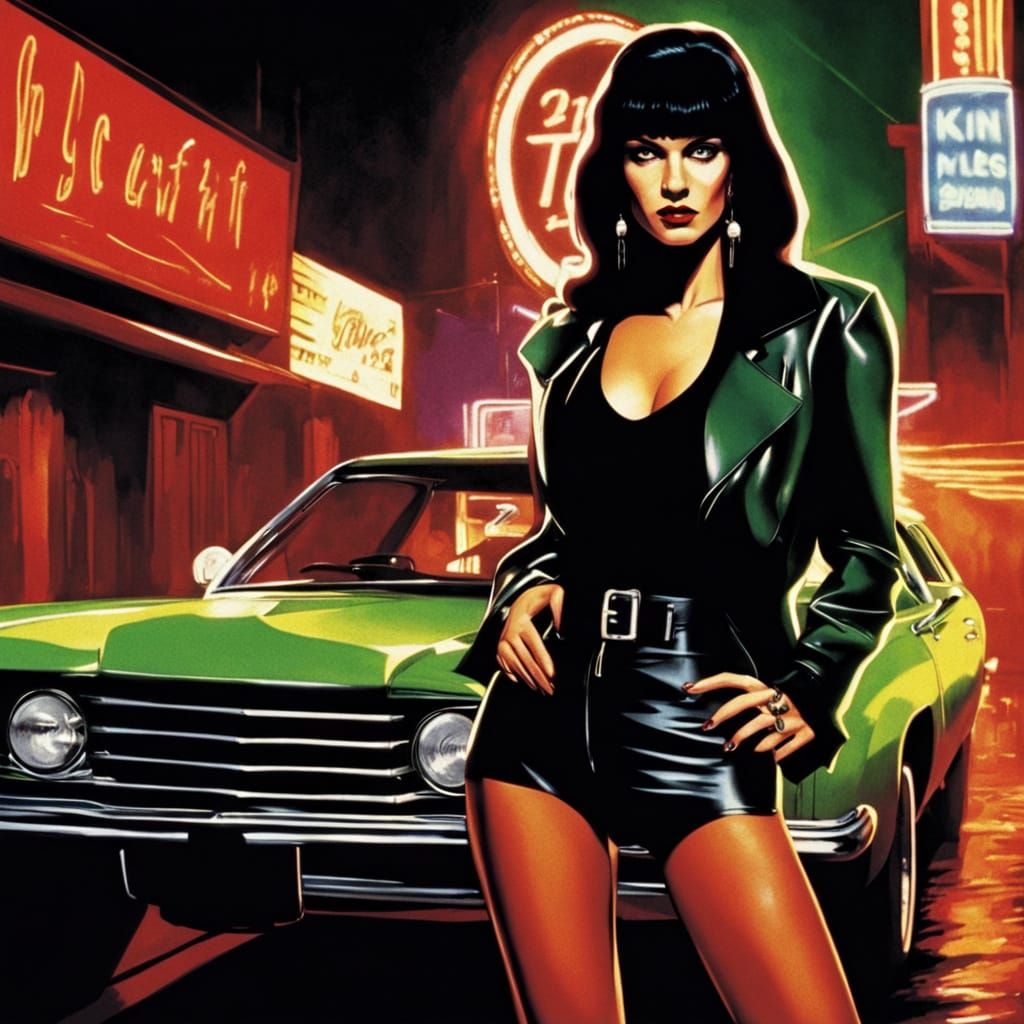 Sultry 80s Femme Fatale in Neon-Lit Alley
