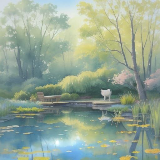Whimsical Watercolor of Puppy and Duck by Serene Pond