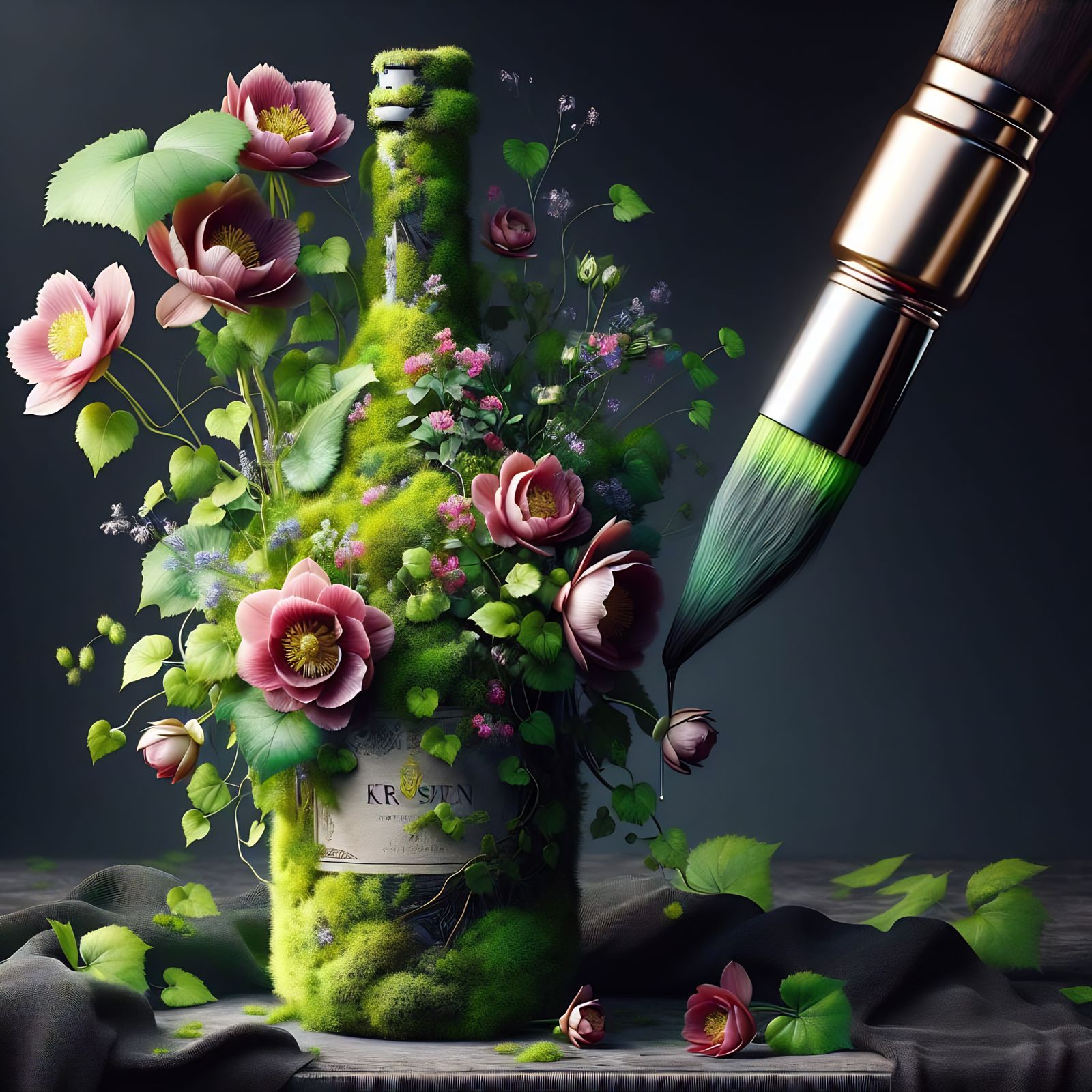 Enchanted Mossy Wine Bottle in Hyperrealistic Macro Photogra...