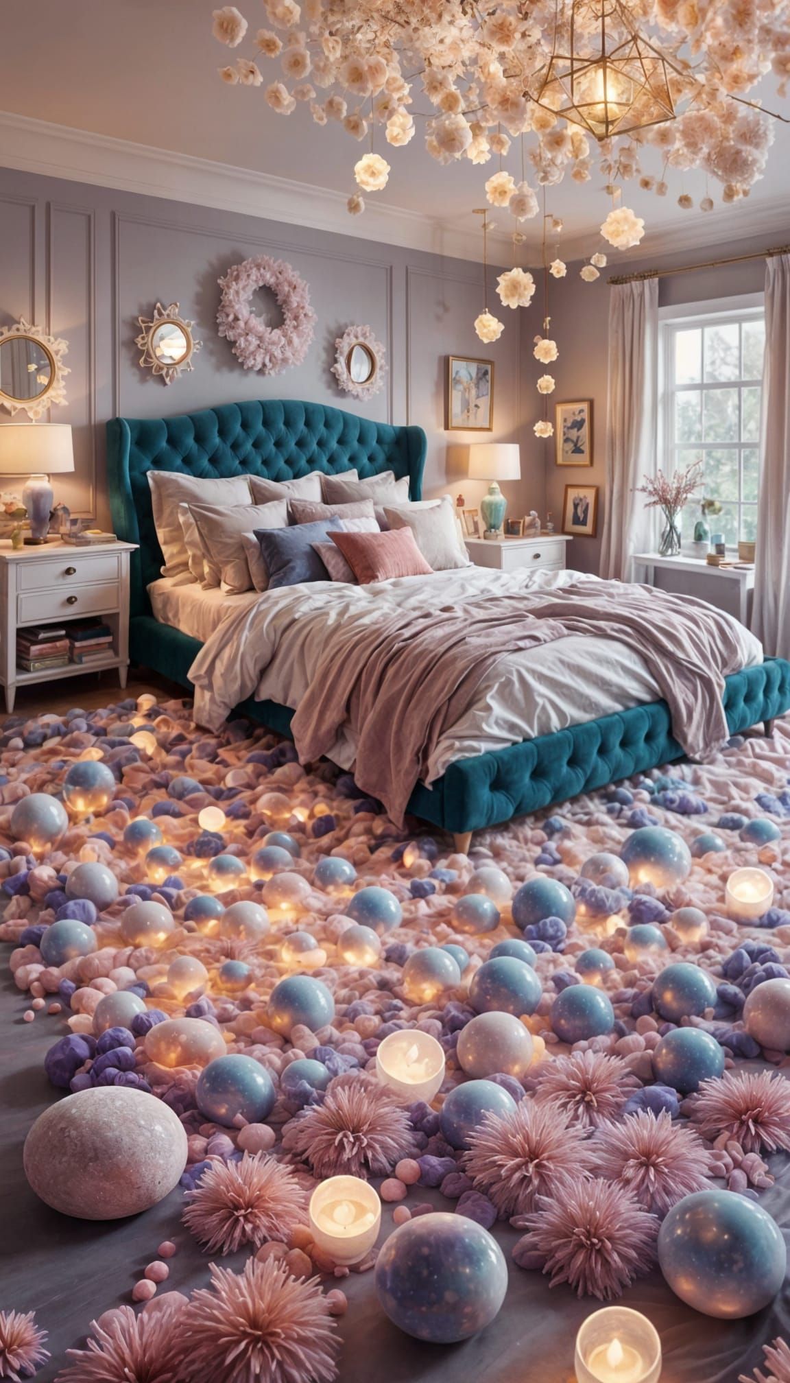 A whimsical bedroom <lora:Maximalist interior:1.0> 8k resolution holographic astral cosmic illustration mixed media by P...