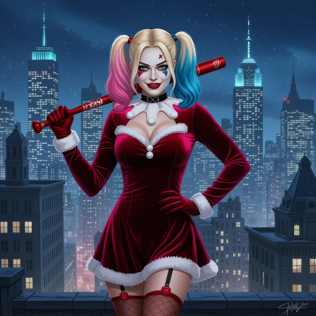 Harley Quinn on Gotham Rooftop in Velvet Christmas Dress