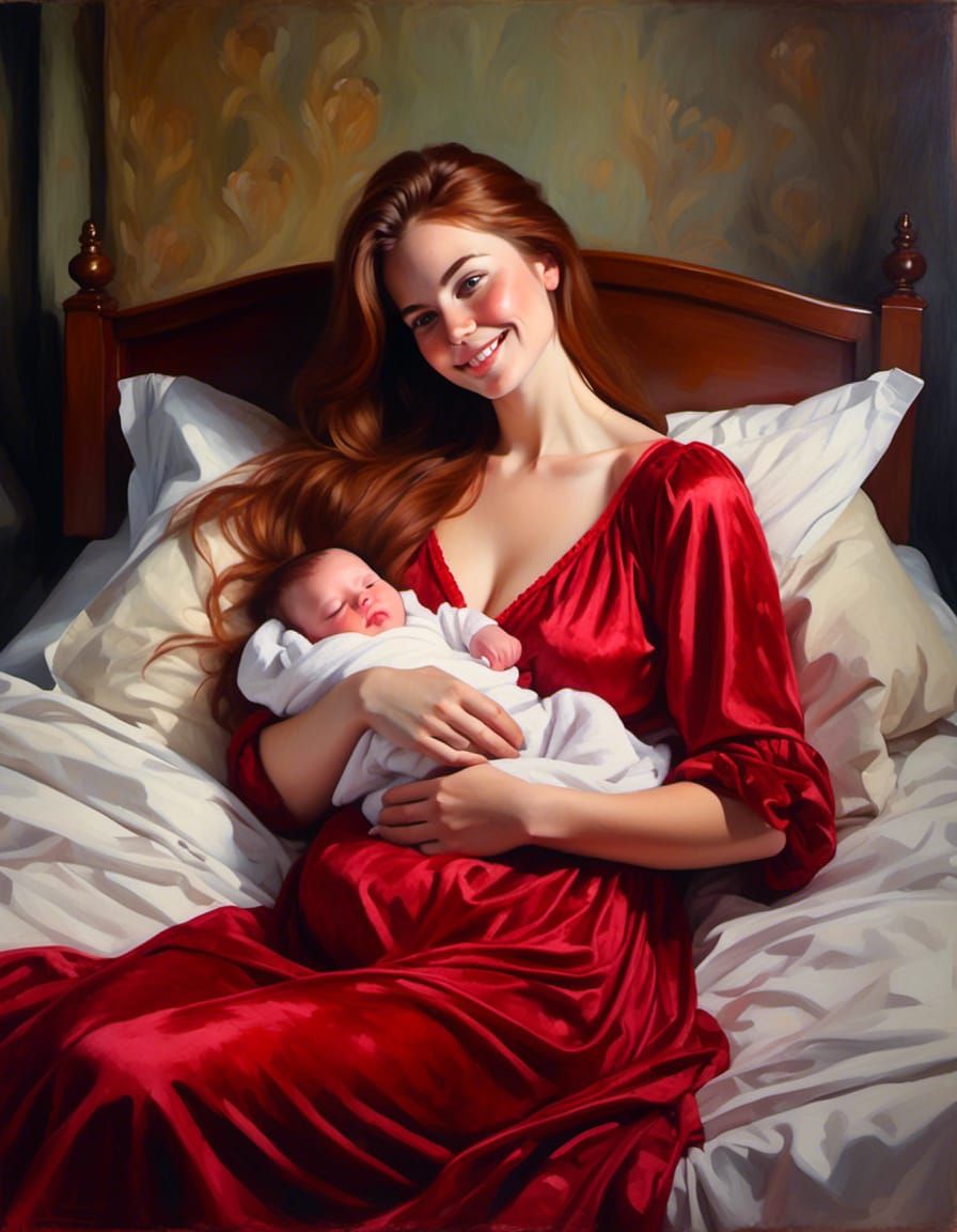 Joyful Mother Nursing Newborn Baby Portrait