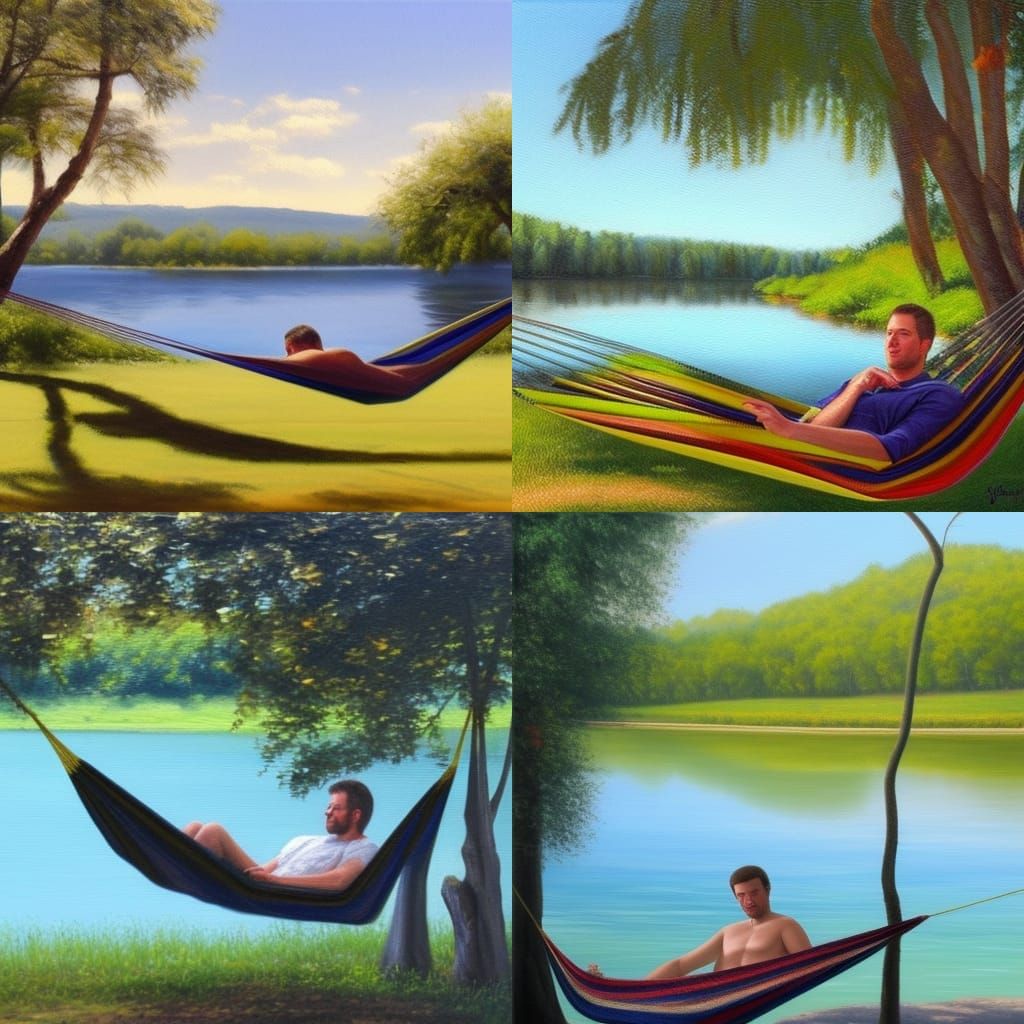 Man Relaxing by Lake: Detailed Oil Painting