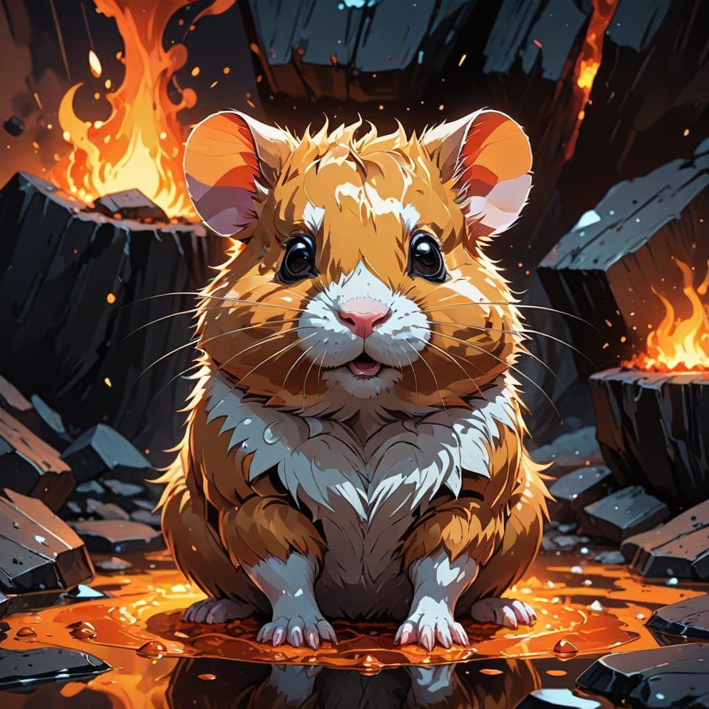 Cel-Shaded Hamster Erupts from Glowing Magma