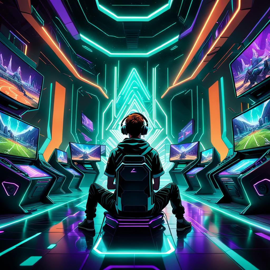 Futuristic Gaming Arena Portrait in Retro Style