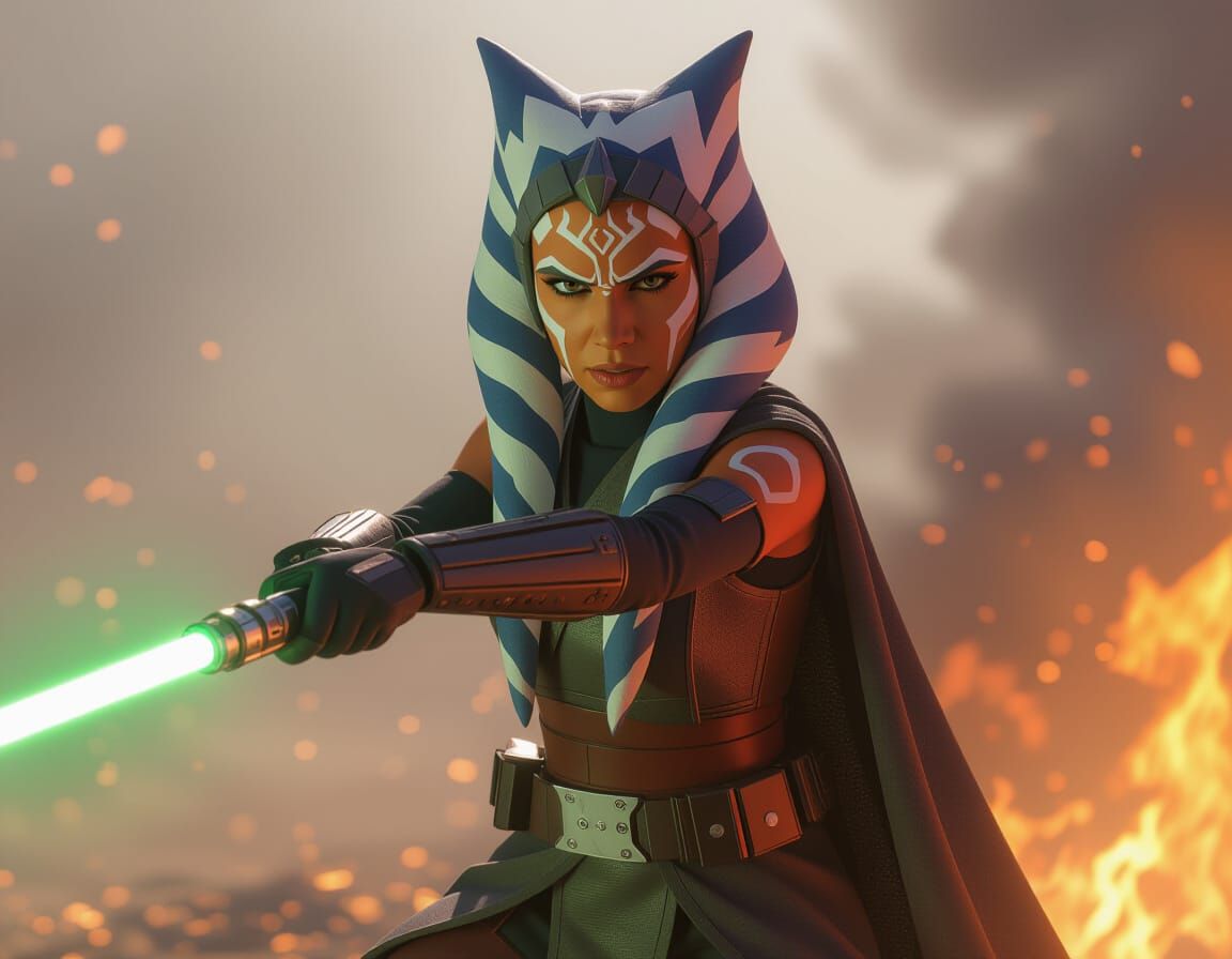Ahsoka Tano Battles in Clone Wars: Hyperrealistic Style