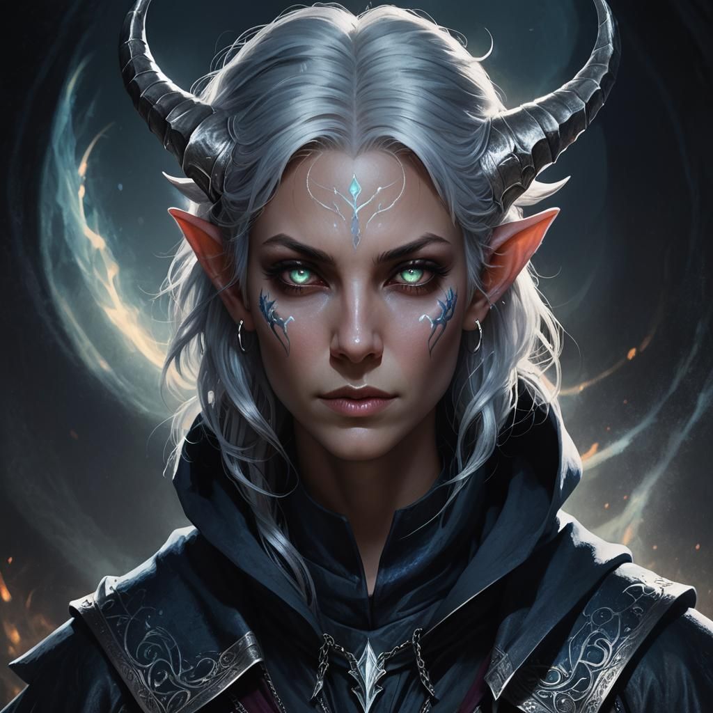 Fantasy Tiefling Warlock in Digital Matte Painting Style