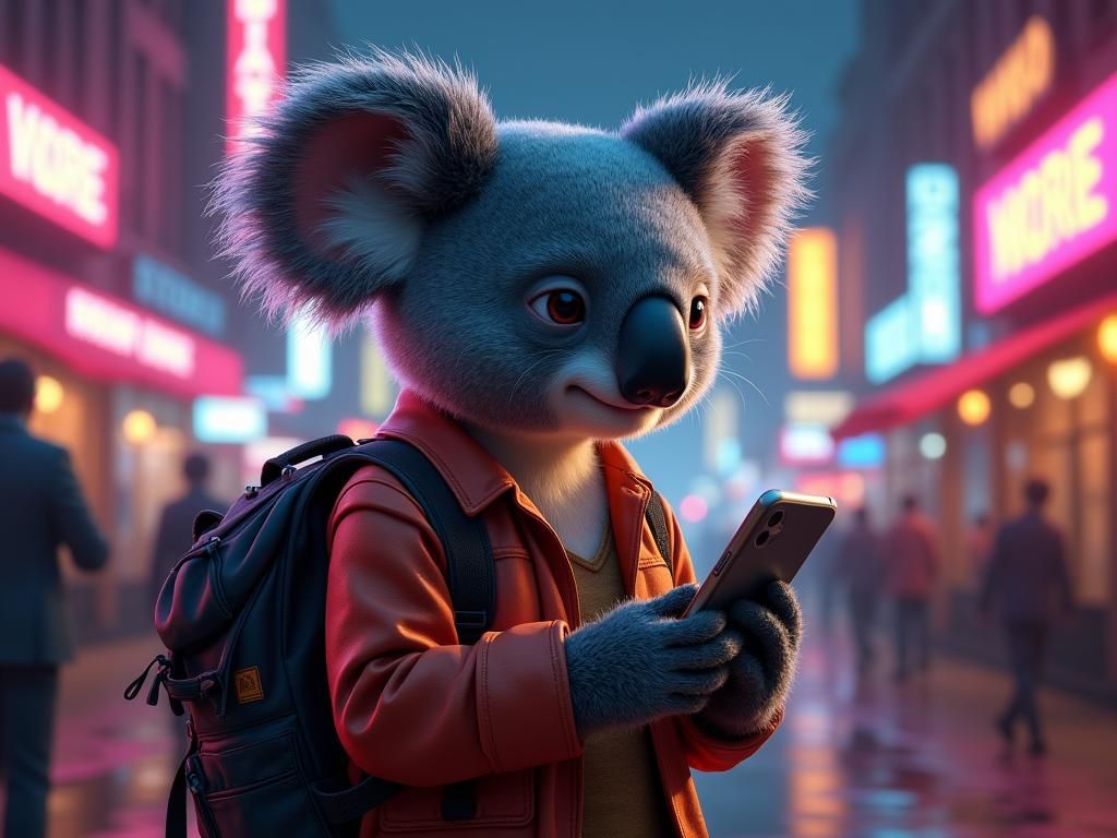 Koala Tourist in Cyberpunk Cityscape at Night