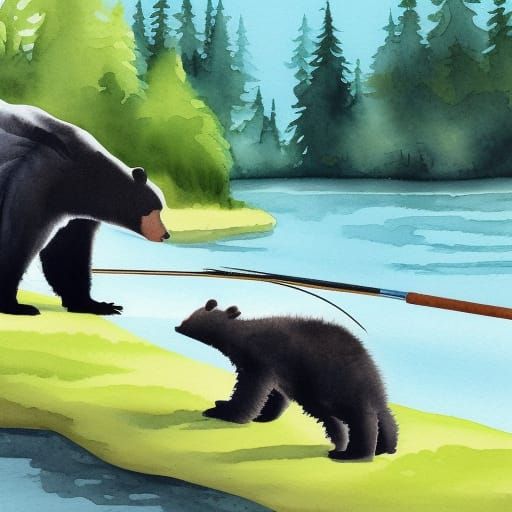 Watercolor Bear Family Fishing River Scene