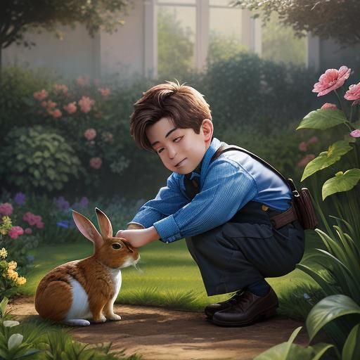 Boy and Rabbit in Garden: Hyperrealistic Splash Art