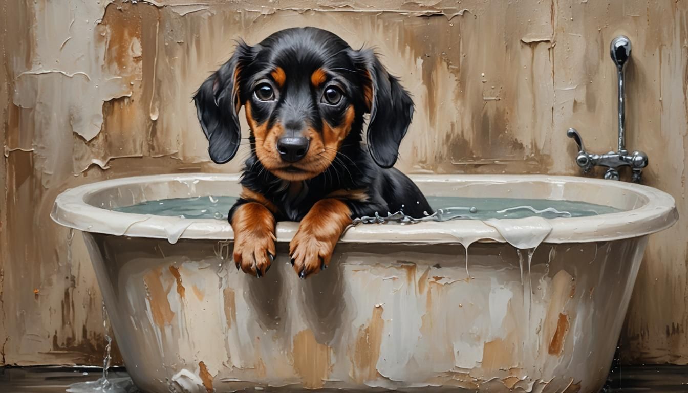 Dachshund Puppy's Bath Time Blues: An Oil Painting