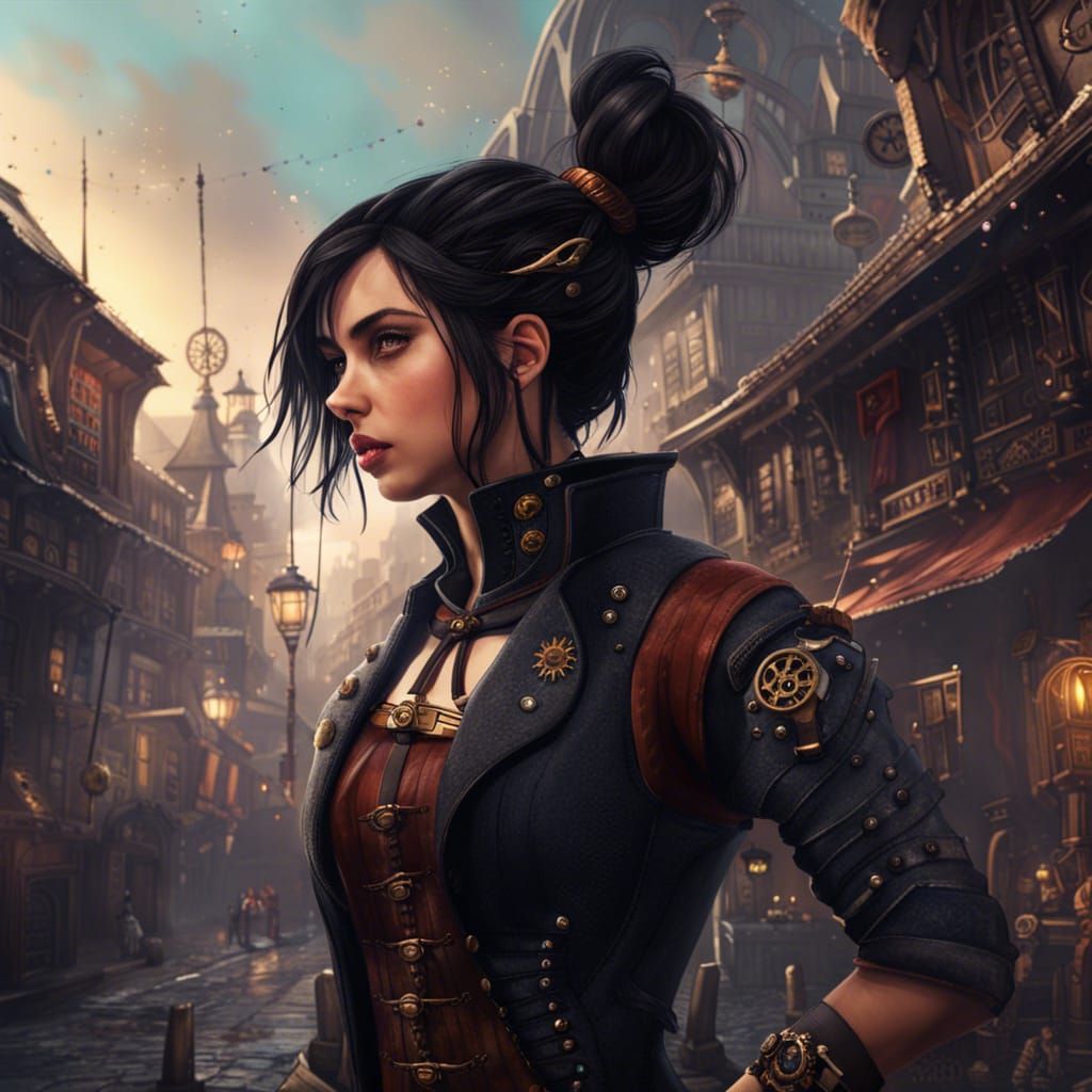 Steampunk Girl on Grimy Street: Digital Art