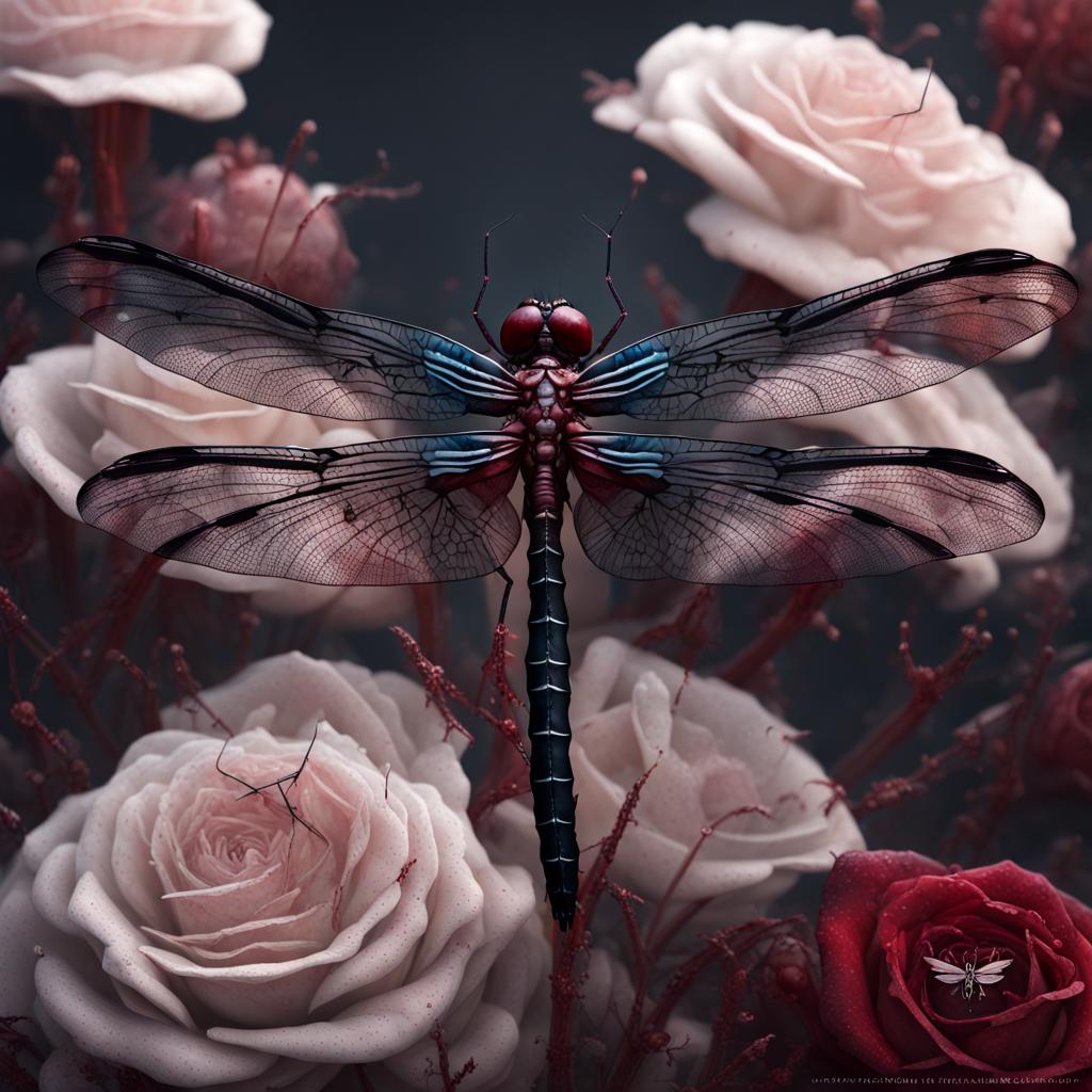 Zombie Dragonfly on Dark Rose: Hyperrealistic Concept Art