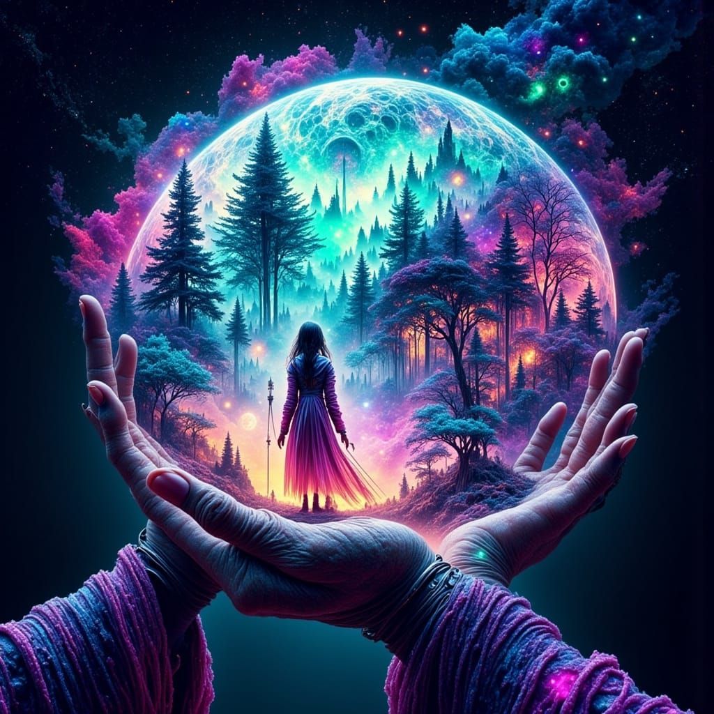 Neon Girl Emerges into Luminous Forest