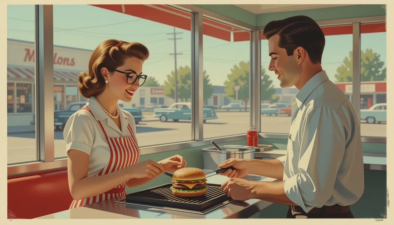1950s Diner Scene: Wife Flips Burger for Customer