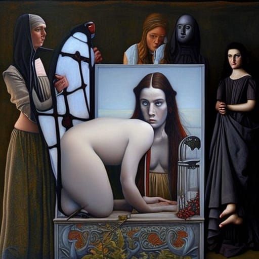 Surreal Figure's Journey in Classic Oil Painting Style