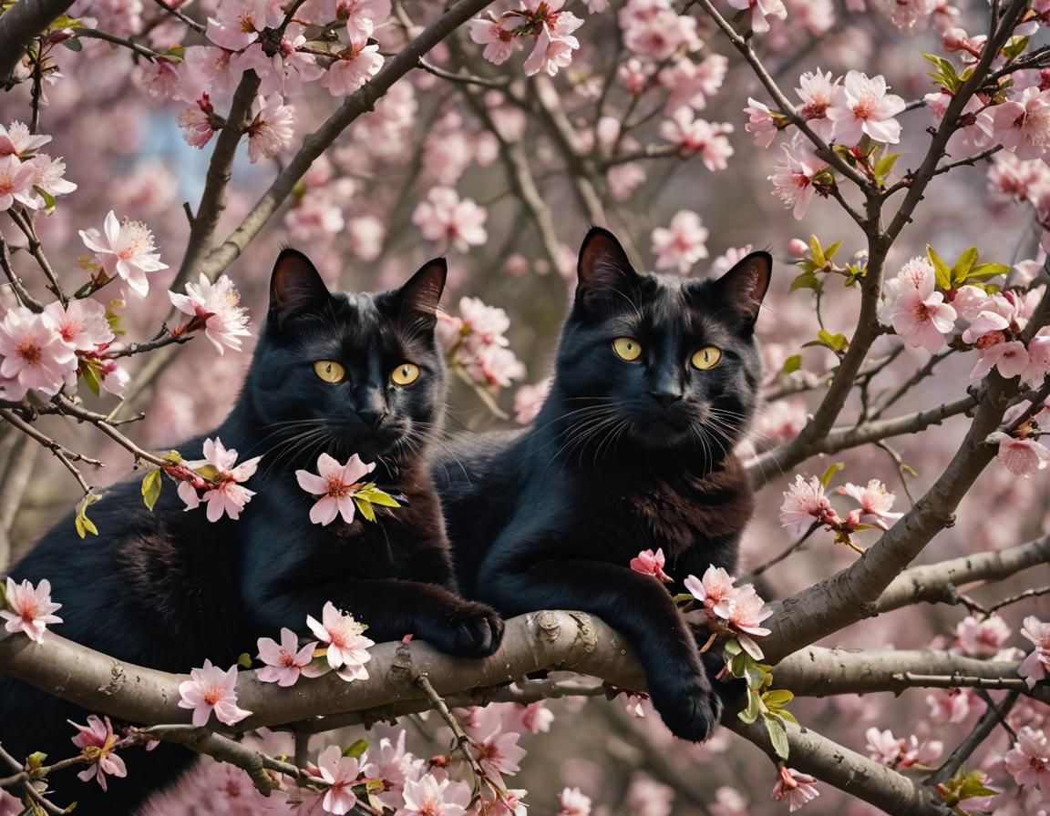 Black Cat Relaxing in Blossoming Tree