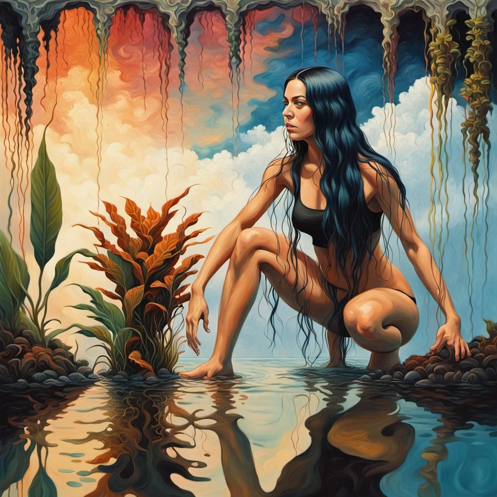 Surreal Woman Squats On Water: Triadic Oil Painting