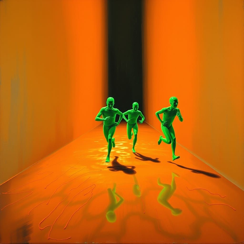 Neon Green Figures in Surrealist Orange Alley