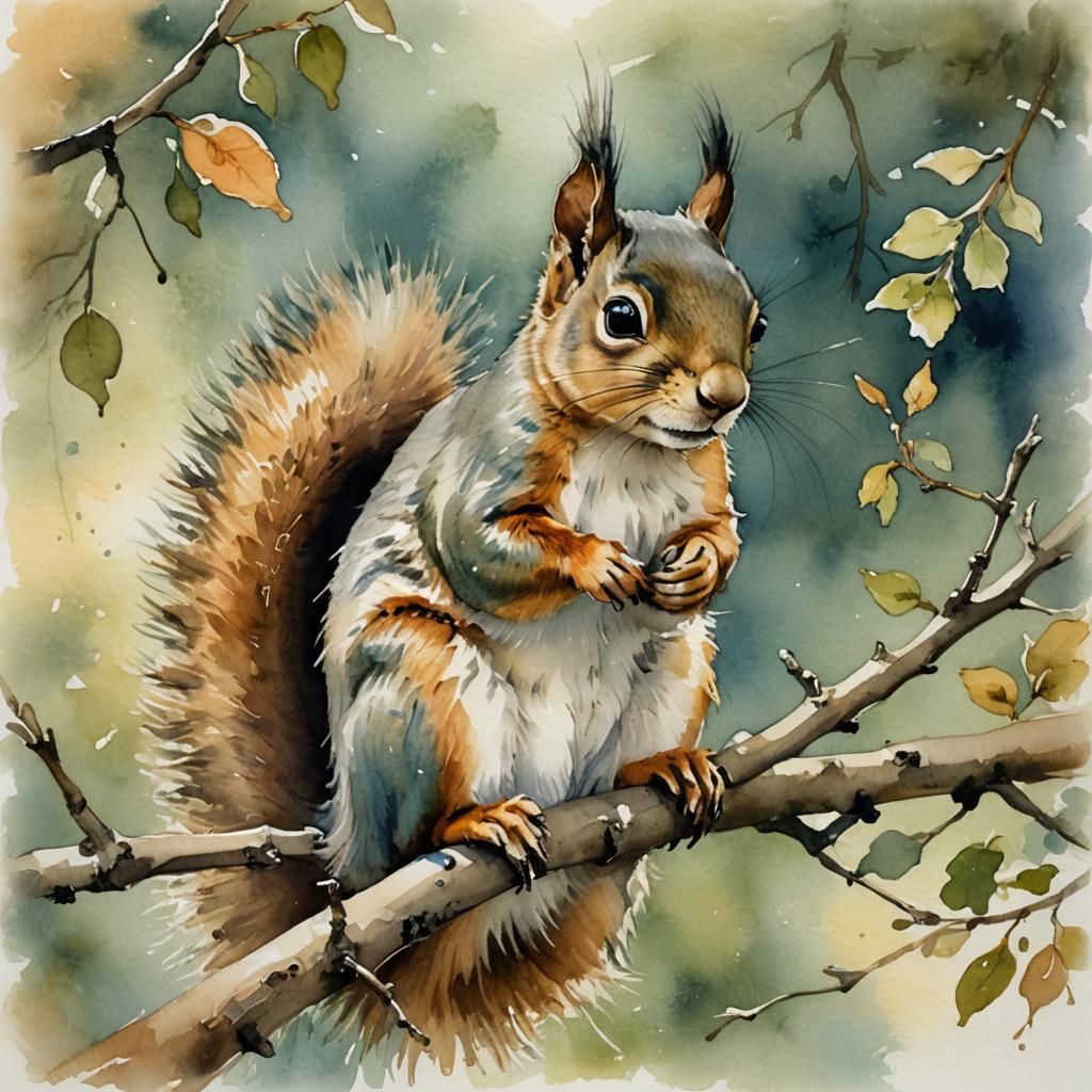 Squirrel Portrait in Watercolor Style