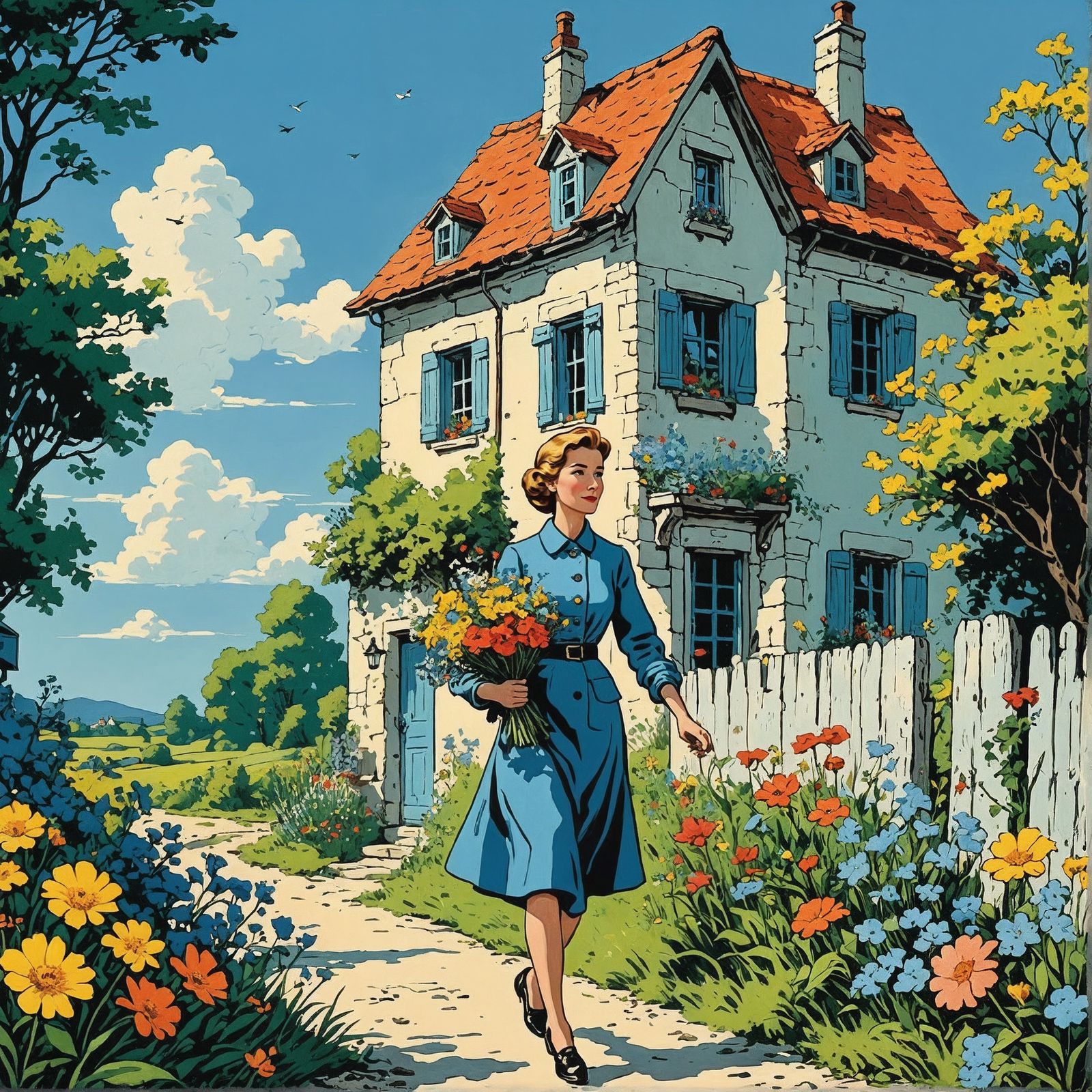 Hergé Illustration: Lady with Flower Bouquet
