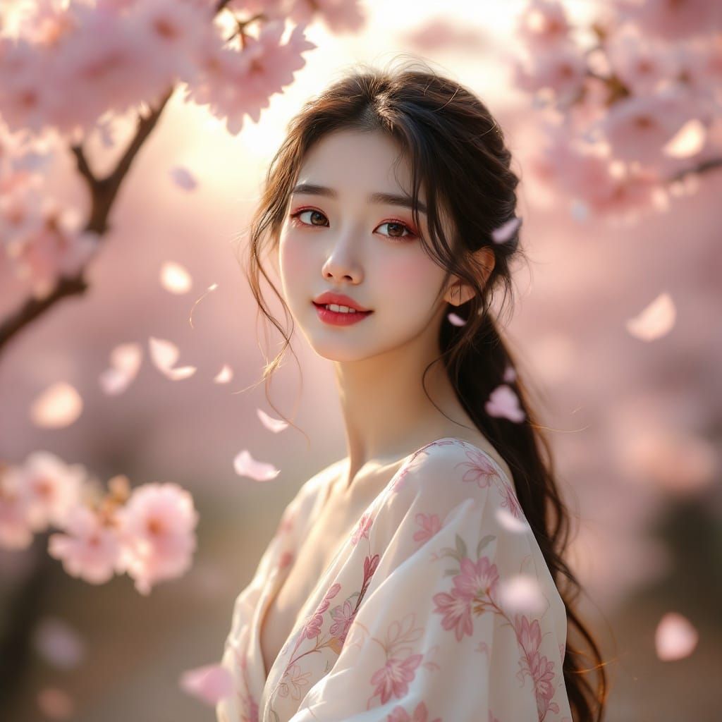 Ethereal Cherry Blossom Goddess in East Asian Style