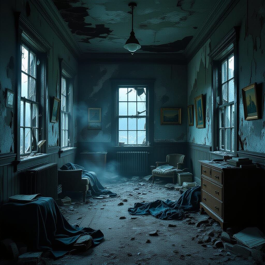Eerie Deserted Room with Swirling Ashes in Matte Painting St...