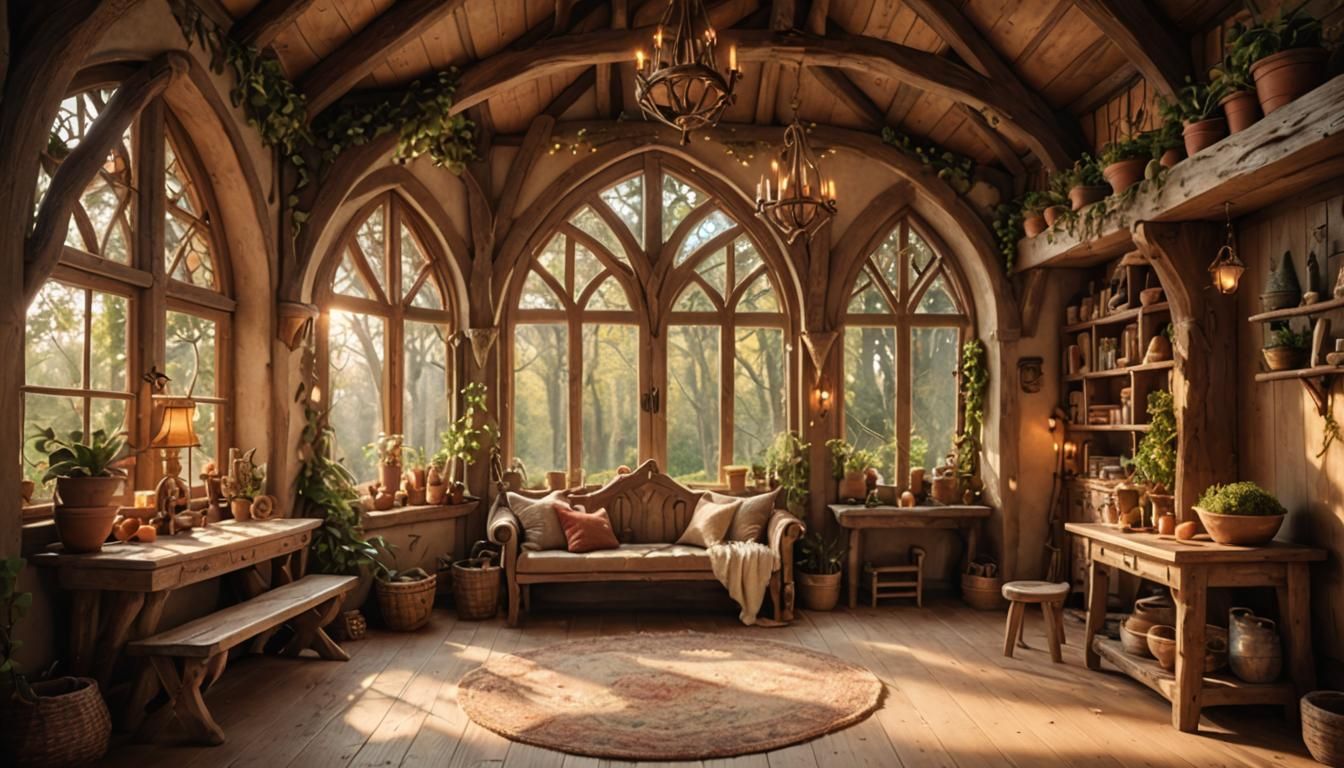 Whimsical Elven House Interior in Soft Natural Light