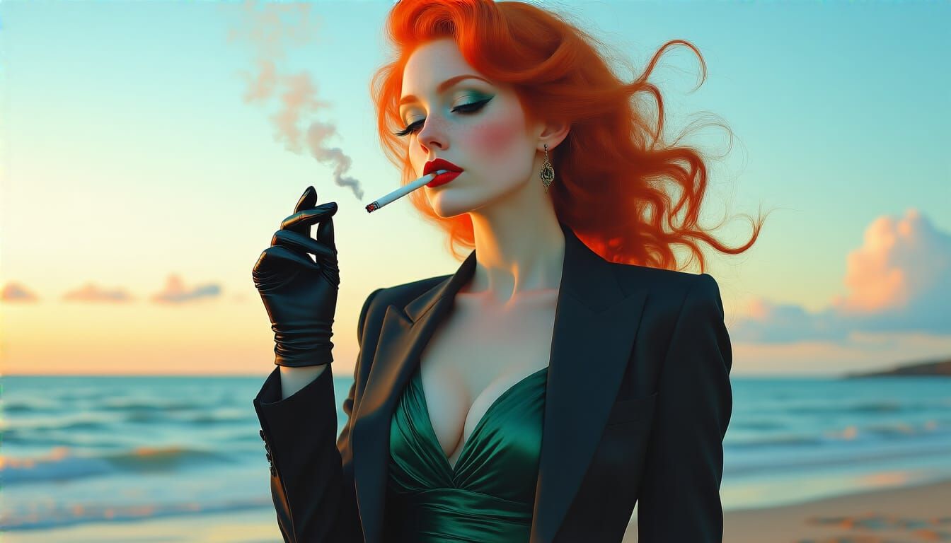 Woman in Suit on Devon Beach at Sunset