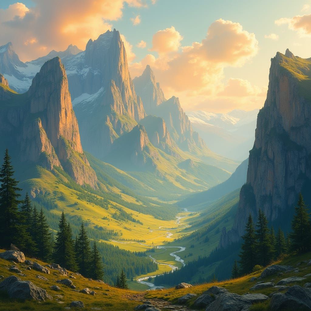 Fantasy Mountain Landscape in Watercolor Painting Style