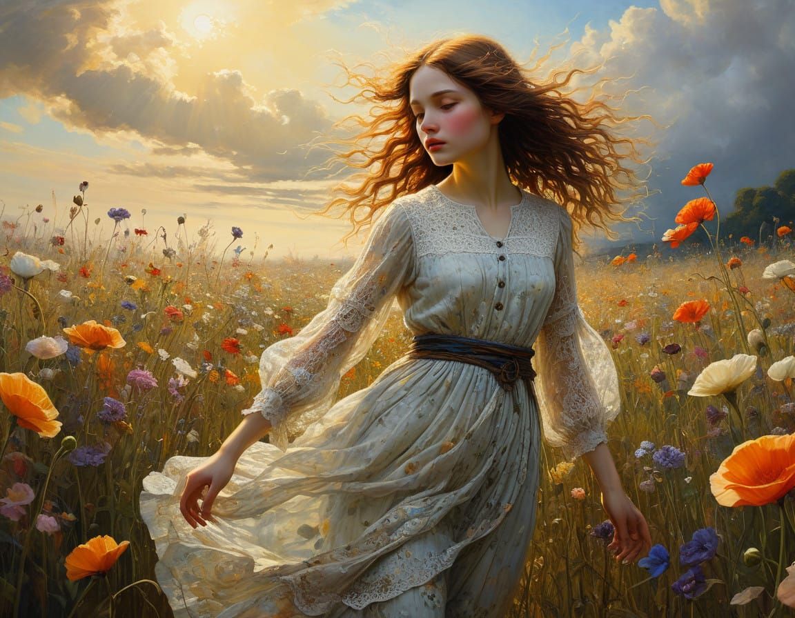 Surreal Woman in a Whimsical Floral Landscape, in an Impress...