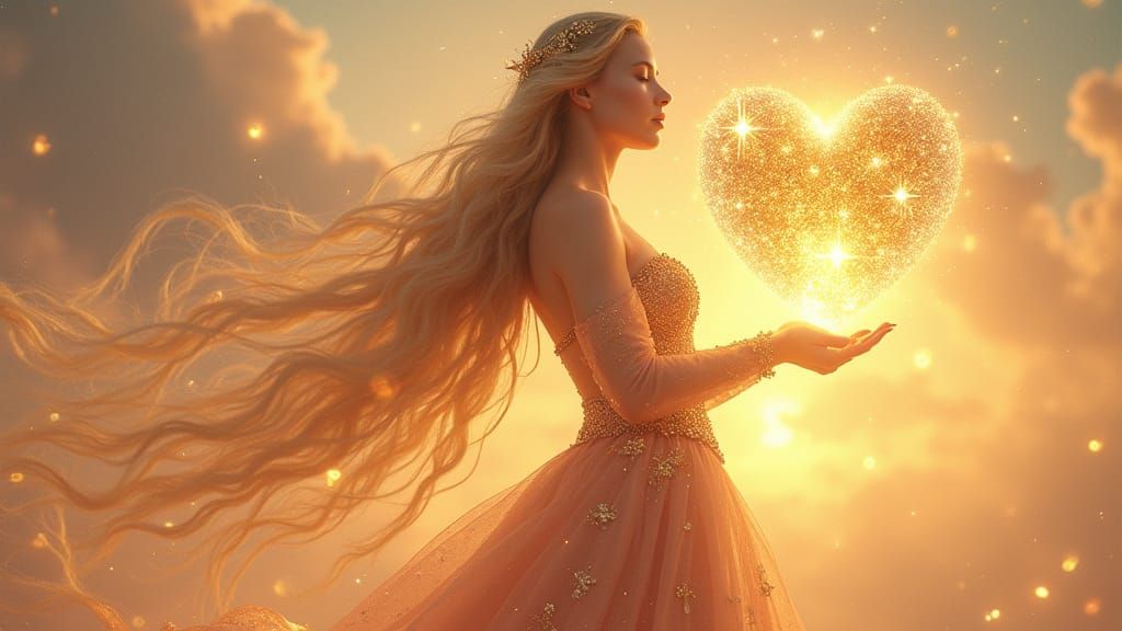 Stunning Fantasy Goddess with Golden Heart Crystal and Radia...