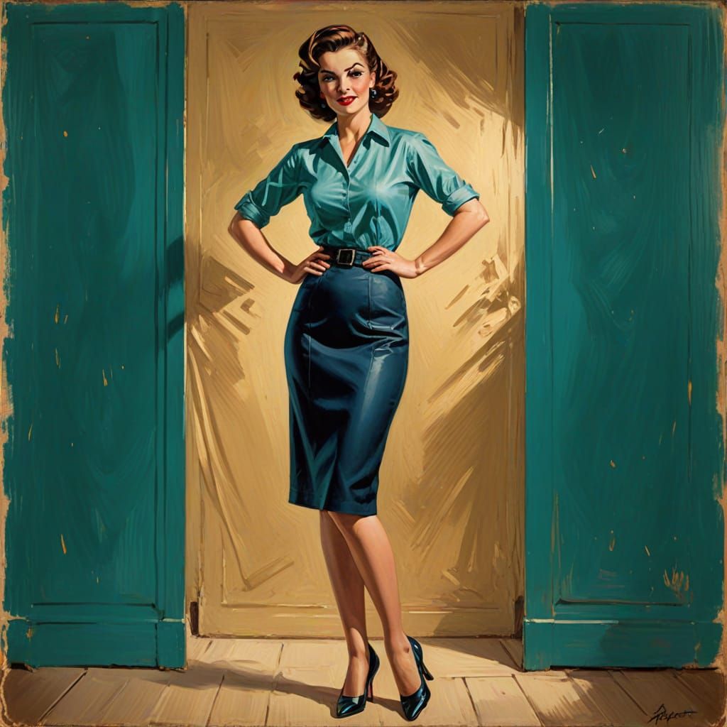 Romantic Pin-Up Woman in Turquoise and Gold