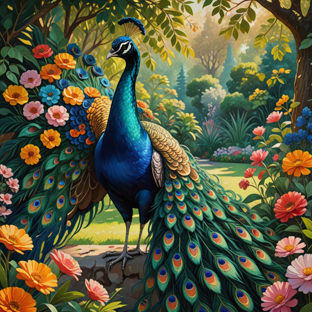 Exotic Peacock Displaying Plumage in Lush Garden