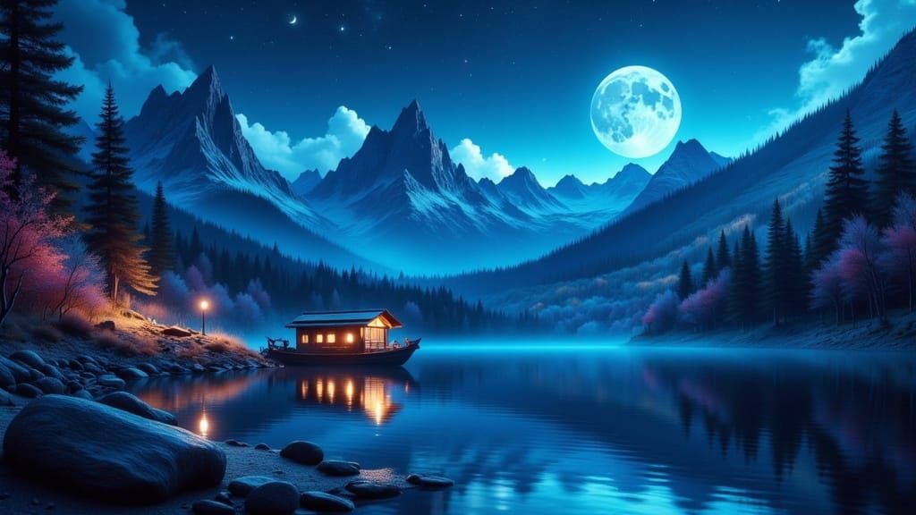 Rustic Crab Boat on Indigo Lake at Twilight