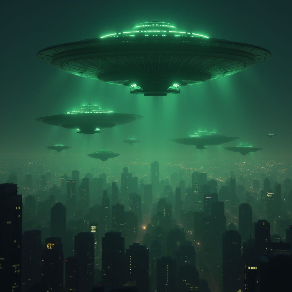 Hundreds of UFOs Over City at Night in Sci-Fi Style