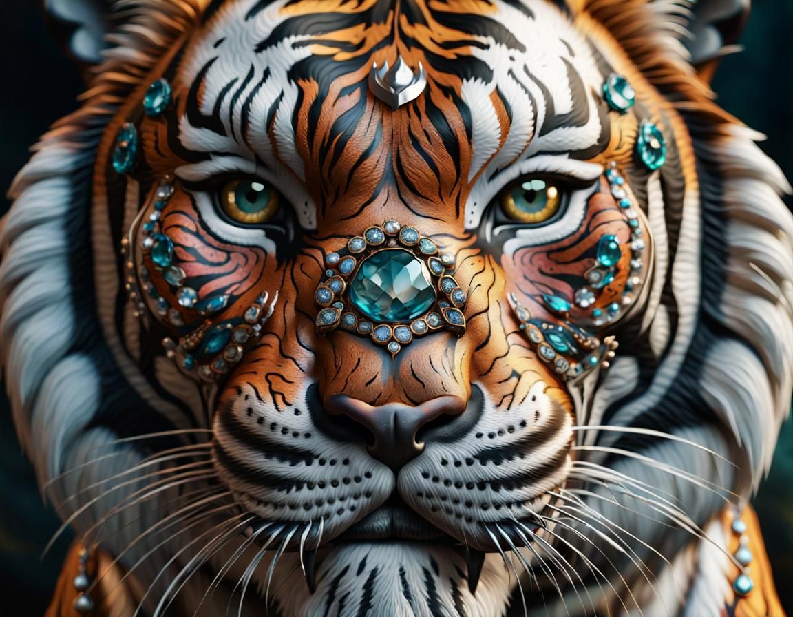 Bejeweled Siberian Tiger with Inca Tattoos